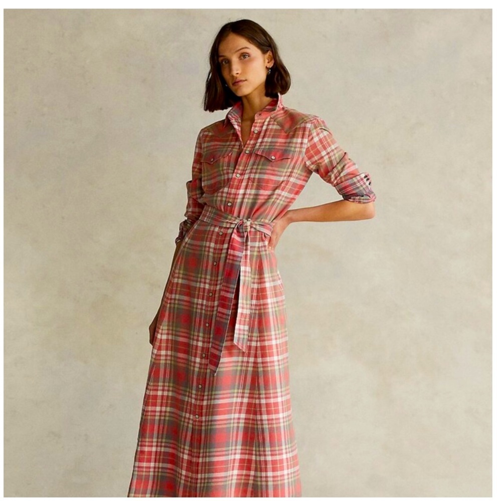 Polo by Ralph Lauren Coral Pink Plaid Maxi Shirt Dress